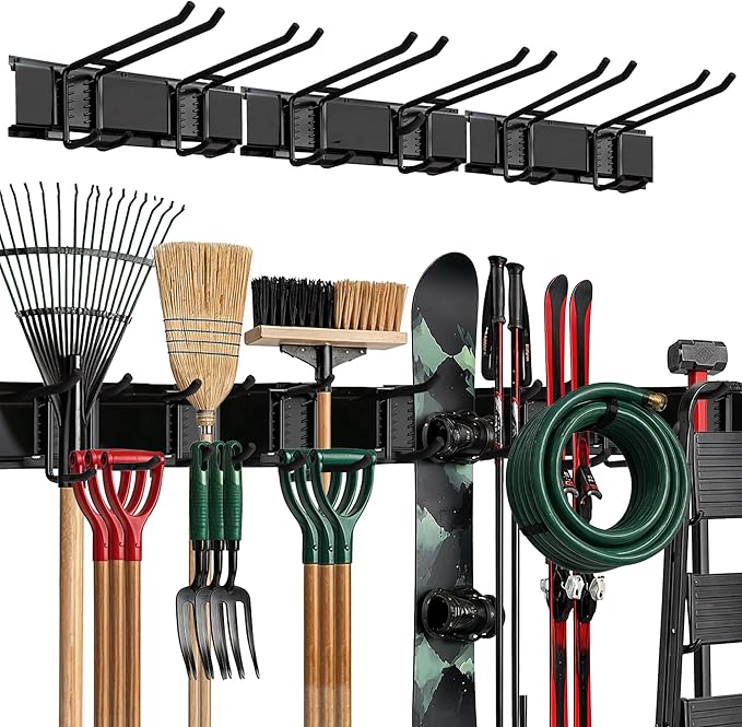 TIDYME Garage Wall Organizer, Shovel Holder Wall Mount, 48" Double Hooks | 300 lbs, adjustable double-layer tool hangers for garage wall, holds ladders, shovels, rakes, hoses & power tools