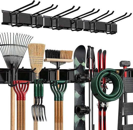 TIDYME Garage Wall Organizer, Shovel Holder Wall Mount, 48" Double Hooks | 300 lbs, adjustable double-layer tool hangers for garage wall, holds ladders, shovels, rakes, hoses & power tools