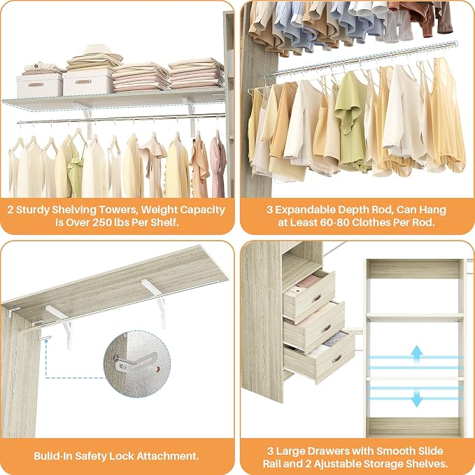 120 Inches Closet System, 10FT Walk In Closet Organizer with 2 Shelving Towers, Heavy Duty Clothes Rack with 3 Drawers, Built-In Garment Rack, 120" L x 16" W x 75" H, Load 1300 LBS, White Oak