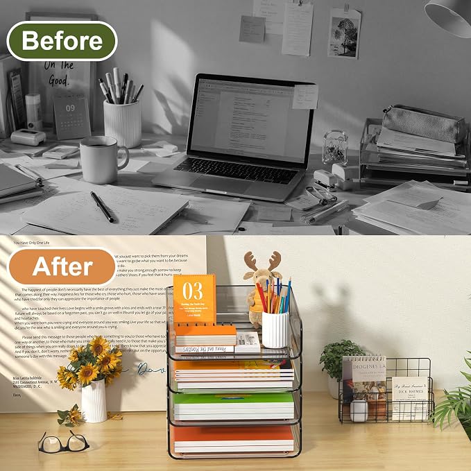 FANXIYQ 4-Tier Acrylic Paper Tray Organizer, 2-Tone Office Paper Organizer | Stackable, Tool-Free Design with 2-4 Tiers for A4 Paper, Files, Books and Mail; Ideal for School, Home Office and Study Room