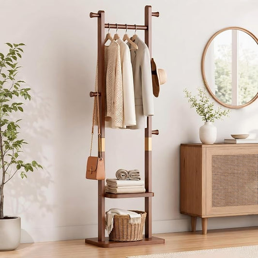 Coat Rack Freestanding, Solid Wood Clothes Rack with 2 Shelves & 5 Hooks for Hanging Clothes Garment Wallets Hats, Heavy Duty Clothes Rack Stand for Hall, Bedroom, Living Room (Walnut brown)