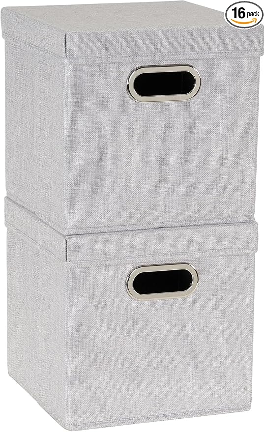 Household Essentials 804-1 Café Cube Bin Storage Set with Lids and Handles | 16 Pack | Silver Linen