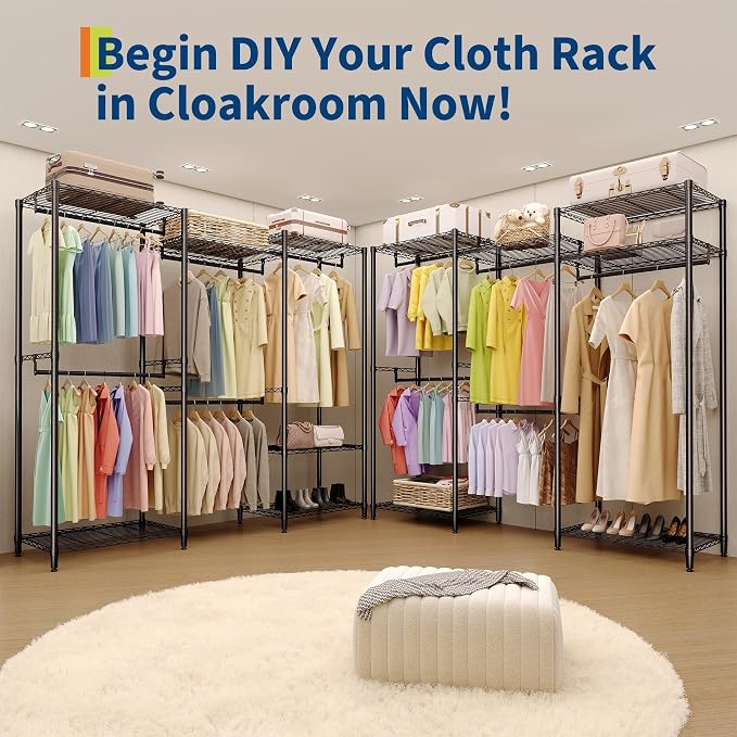 Heavy Duty Garment Rack Stable Clothes Rack for Hanging Clothes Wardrobe Closet with Adjustable Shelves & 5 Hanging Rods 76.5" H x 67.6" L x 15.5" W Black