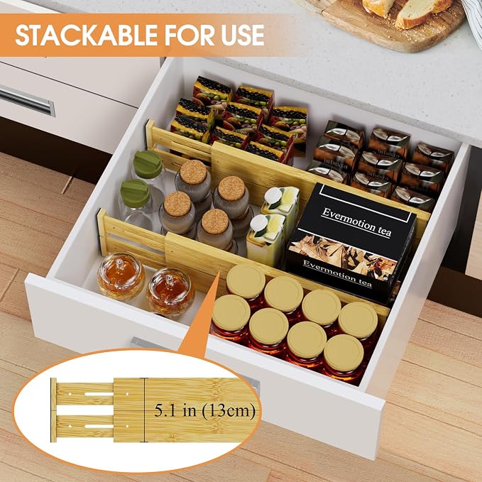 Bamboo Drawer Dividers, Adjustable Drawer Organizers, Fits 17.6–21" Drawers | 2.5" High, 8 Pack Expandable Drawer Separators for Kitchen, Nursery, Dressers & Office Storage, Natural