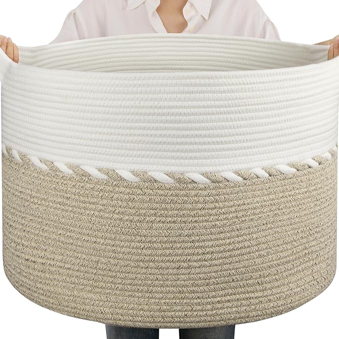 OIAHOMY 105L Extra Large Blanket Basket - Decorative Cotton Rope Storage Basket for Bedroom, Living Room & Nursery - Woven Laundry Hamper for Organizing Blankets, Clothes & Toys - Light Brown & White