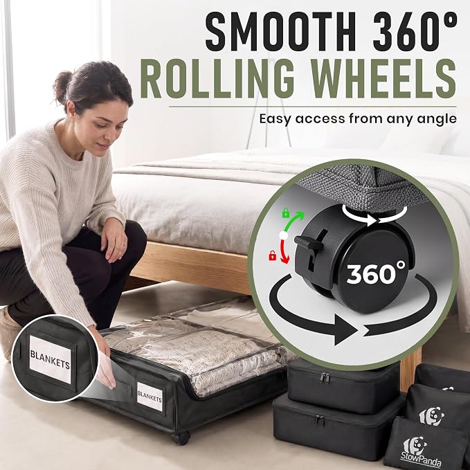 60L Under Bed Storage with Wheels, With 6 Travel Bags, 2-Pack, Dark Gray | Rolling Underbed Storage Containers, Clear Lids, Heavy Duty Steel Frame, Organizer for Clothes Shoes Comforters Blankets Toys
