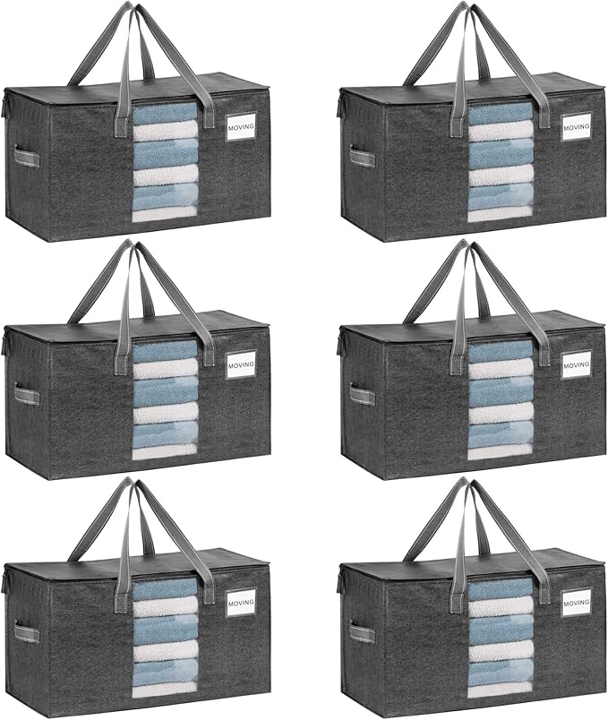 VENO Moving Bags, Wide Open Top, Clear Window, Gray, 6 Pack | Moving boxes Alternative, Heavy Duty, Storage Bags, Clothes and Comforter Storage, Packing Supplies, College Dorm Essentials