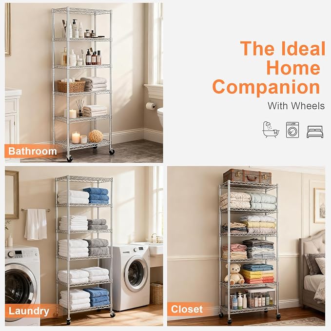 6-Tier Wire Shelving Unit,Metal Shelf Racks with Lockable Wheels,Chrome | 21.3" Wx11.4 Dx73 H,Height Adjustable Storage Shelves for Narrow Space/Laundry/Bathroom/Kitchen/Pantry/Closet