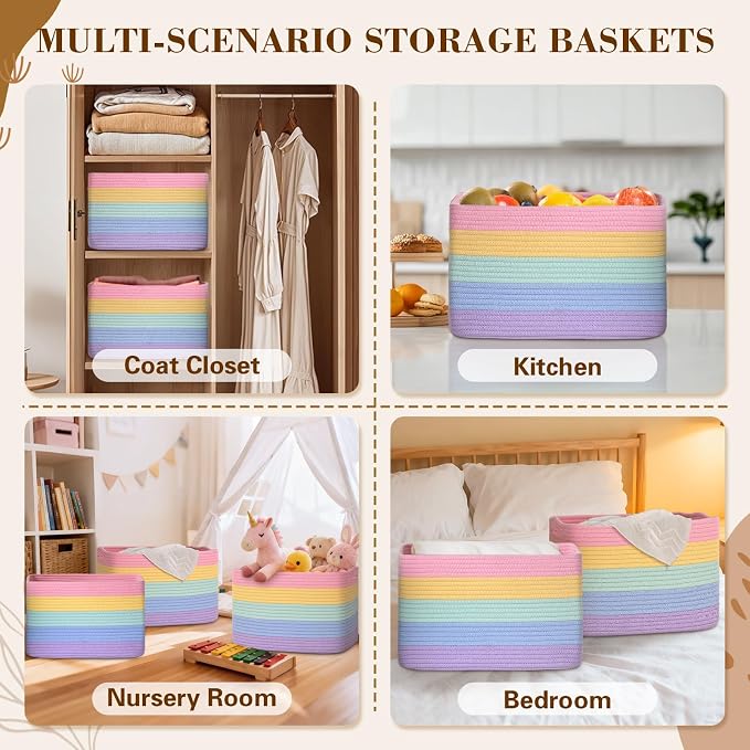 Baskets for Organizing,Storage Baskets,3 Pack Baskets for Shelfves,15"×10"×9" Woven Rainbow Basket,toy storage bins,bins for organization