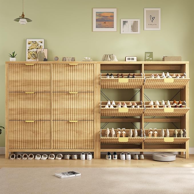 47" Fluted Shoe Cabinet Storage with 6 Flip Drawers for Entryway, Hallway | Slim Shoe Rack Freestanding Wooden Shoe Organizer with Legs for Hallway, Living Room, Oak