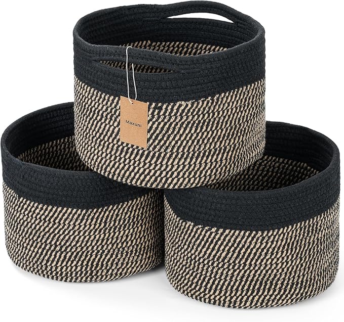 3 Pack Small Rope Storage Baskets, 9.82×9.82×7.1", Brown+Black | Cotton Basket for Gifts Empty, Cute Round Woven Basket, Decorative Shelf Basket Organizer, Organizing Basket for Shelves