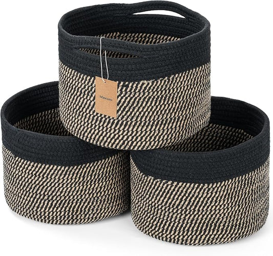 3 Pack Small Rope Storage Baskets, 9.82×9.82×7.1", Brown+Black | Cotton Basket for Gifts Empty, Cute Round Woven Basket, Decorative Shelf Basket Organizer, Organizing Basket for Shelves