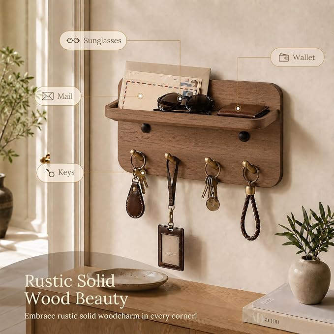 Key Holder Wall Mount, Solid Wood Key Holder for Wall with 4 Brass Hooks & Hidden Magnets, 15° Incline Hooks & Grooved Design to Prevent Slipping, Vintage Brown Key Hanger