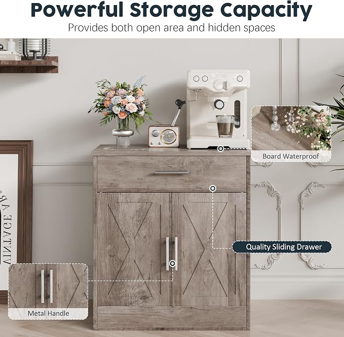 Kitchen Buffet Sideboard Cabinet, Wooden Storage Cabinet with 2 Doors and 1 Drawers, Adjustable Shelf, Modern Farmhouse Coffee Bar Cabinet with Storage for Kitchen, Rustic Grey
