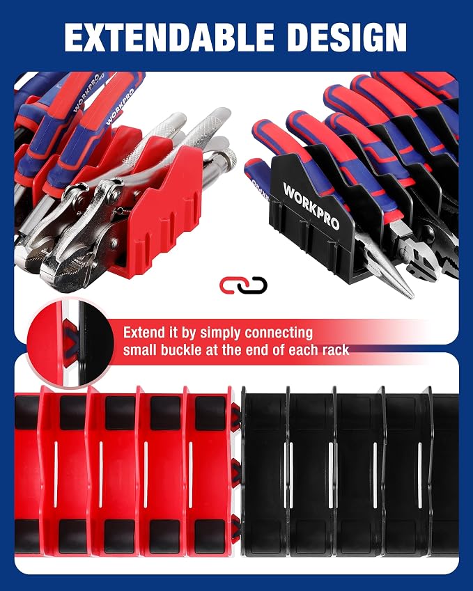 WORKPRO 2-Pack Plier Organizer Rack, 20-Slot Tool Organizer and Storage | Large Capacity Plier Holder, Non-Slip Rubber Base, High-Strength Plastic, Extendable Tool Box Organizer, Pliers Not Included