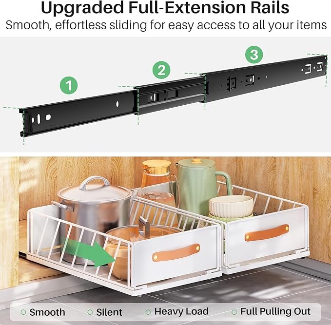 Pull out Cabinet Organizer,Heavy Duty Slide out Pantry Shelves Drawer Storage with Adhesive Nano Film,Sliding Mesh Cabinet Basket with Handle for Kitchen, Bathroom, Home, 15.8"W X 21"D X 6.2"H,White