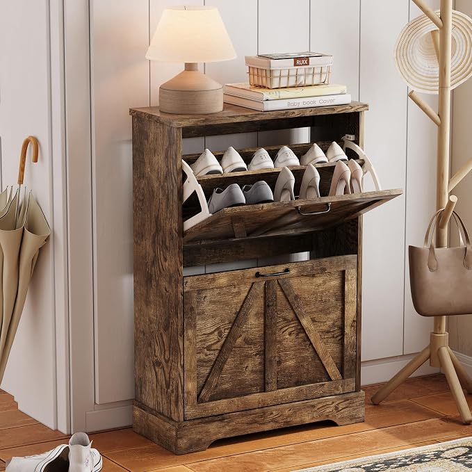 Semiocthome Farmhouse Shoe Storage Cabinet with 2 Flip Drawers, 23.6"(W) Freestanding Shoe Organizer with Barn Door and Metal Handles for Entryway, Corner Narrow Shoe Rack Cabinet - Rustic Brown
