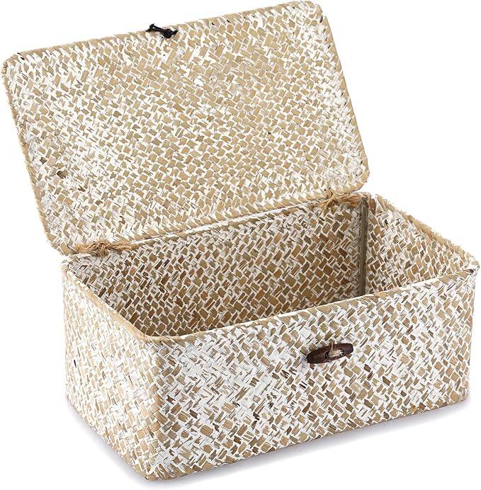 Hipiwe Wicker Shelf Baskets with Lid, X-Small Woven Seagrass Basket Bin | Rectangular Storage Baskets Household Basket Boxes for Shelf Home Organizer and Decor, Whitewash