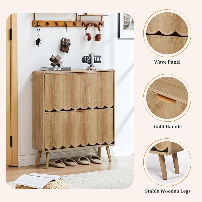Shoe Storage Cabinet for Entryway with 2 Flip Drawers Set of 2, Freestanding Narrow Wood Shoe Cabinet with Wave Panel, Hidden Shoe Organizer for Foyer, Hallway (Natural)