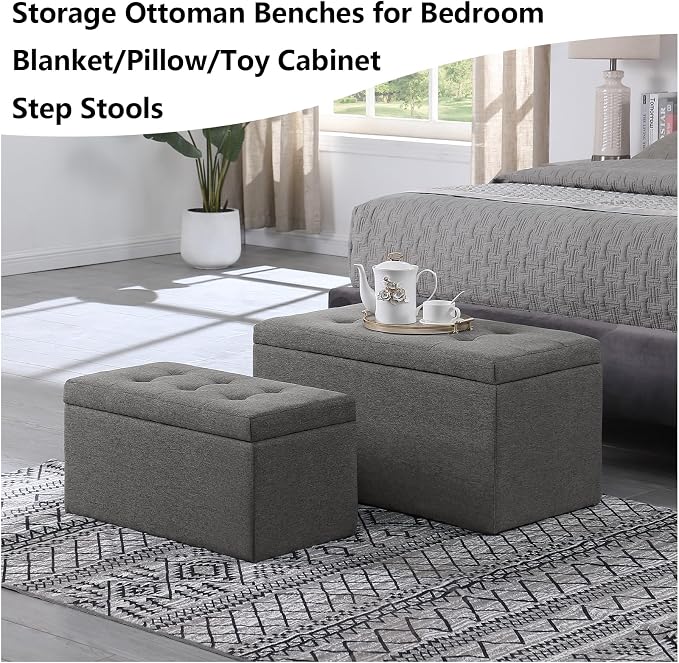 Storage Ottoman Bench with 2.56-inch Thick Seat, 31.5 inch Nesting Ottoman Set of 2, Hinged Flip Top Bench with Storage for Living Room, Bedroom, Light Grey