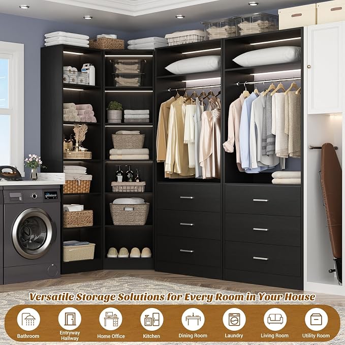 Besiost Closet System with 6 Drawers & 10 Shelves, Corner Closet Organizer System, Reversible Walk-in Closets, (L-Shaped 31.5" L * 31.5" W / I-Shaped 62.9" L * 15" W), Load 1500+LBS, Black