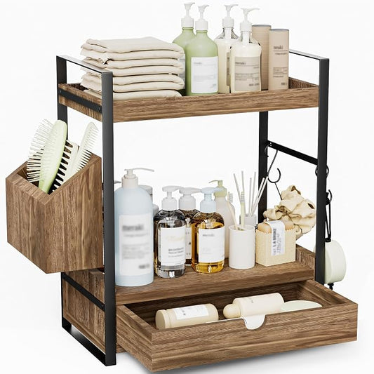 2-Tier Bathroom Counter Organizer, Wooden Vanity Shelf with Drawer & Basket | Pre-Drilled Holes, Skincare & Makeup Countertop Organizer and storage, Dark Brown