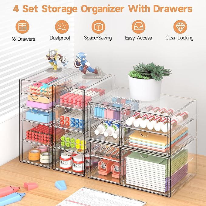 DOMNIU Acrylic Makeup Drawer Storage Organizer with 16 Drawers, 4 Set | Office Desk Organization and Storage, Dustproof Drawer Organizer for Makeup, Countertop, Jewelry, Desktop, Bathroom, Bedroom