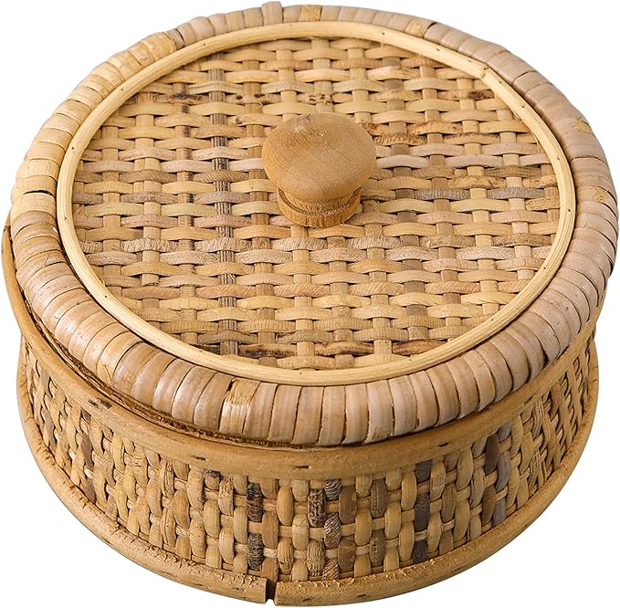 SOFE Small Round Rattan Box with Lid, Decorative Storage Boxes, Rattan Storage Basket for Jewelry, Candies, Snacks, Keys, Desktop Farmhouse Woven Boxes for Decor, 5.7 Inches