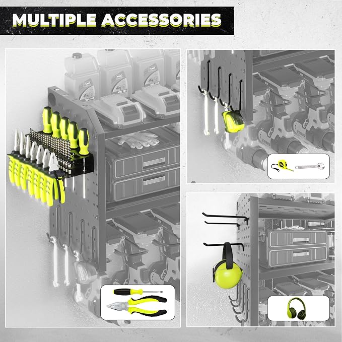 Power Tool Organizer with Charging Station, Built in 8 Outlet Power Strip,Large 8 Drill Holder Wall Mount, Heavy Duty Metal Power Tool Storage Rack Tool Shelf for Garage Organization Black