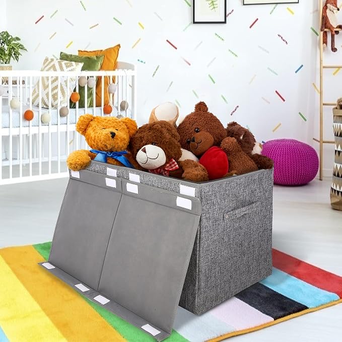 2 Pack Large Toy Box Storage with Lid, Collapsible Sturdy Toy Chest Storage | Toy Chest with Rivets Handles for Kids, Boys, Girls, Nursery, Playroom, Living Room, Bedroom, 25"x 13" x 16" (Linen Gray)