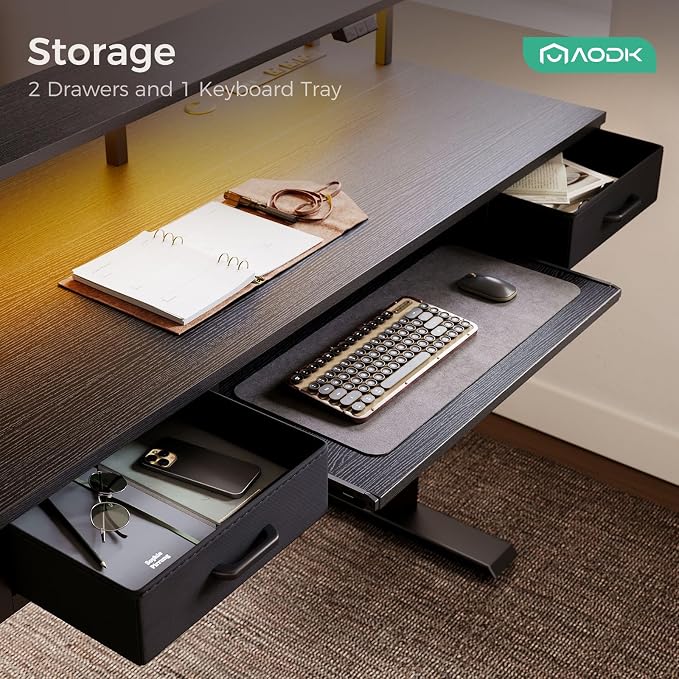AODK 63 Inch Electric Standing Desk with Drawers & Keyboard Tray, Black | 3 Outlets & 2 USB Ports, 20-Mode LED Lights, Monitor Stand, Cable Management Tray, 3 Memory Heights, 29.9"-46.1" in Range