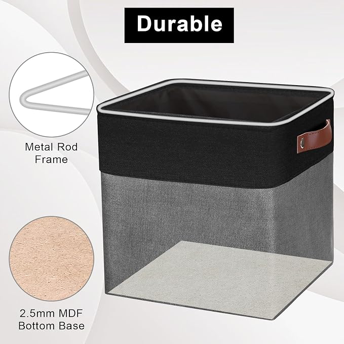 Bagnizer Collapsible Fabric Storage Cubes 11x11 Cube Storage Bins, 4 Pack Closet Baskets Box with Handles for Organizing, Shelf, Toys, Clothes, Home, Office, Nursery (Grey&Black)