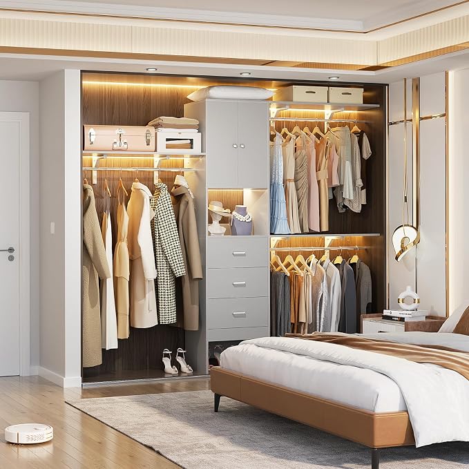 Armocity 96 Inches Closet System with Doors, 8FT Walk In Closet Organizer with 2 Shelving Towers, Heavy Duty Clothes Garment Rack with 3 Wood Drawers, 96"L x 16"W x 80"H, Max Load 1000 LBS, Grey