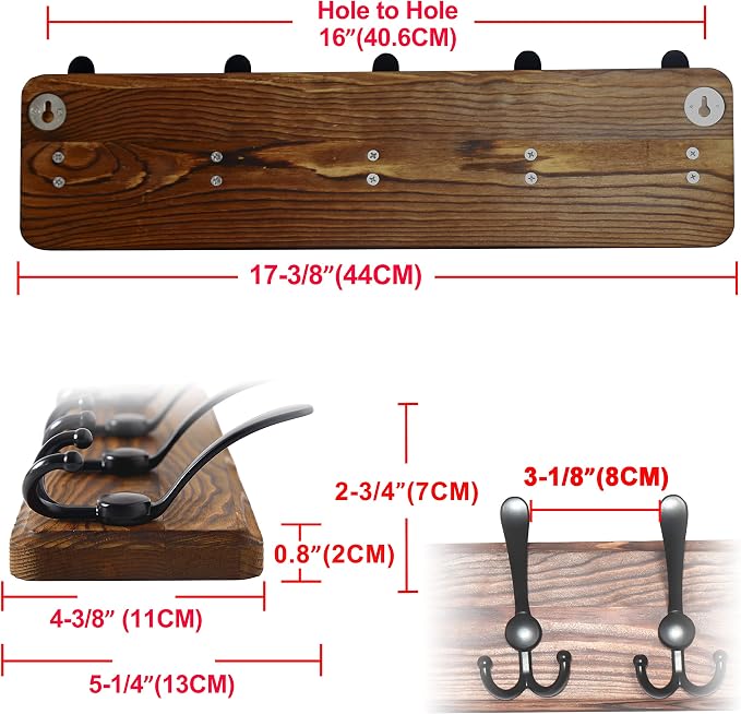 Coat Rack Wall Mounted - 5 Tri Hooks, Heavy Duty, Wooden Wall Coat Hanger Coat Hook for Clothes Hat Jacket Clothing, Natural & Black, 2 Packs