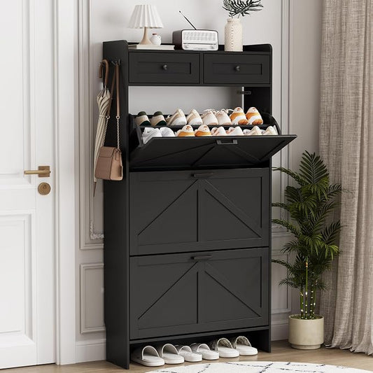 Shoe Cabinet with 3 Flip Drawers & 2 Top Drawers, 57" Tall Freestanding Narrow Wooden Shoe Storage Organizer for Entryway, Hidden Slim Shoe Rack for Front Door Entrance, Hallway, Living Room, Black