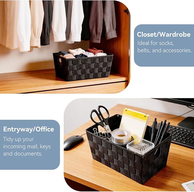 Whitmor Small Woven Storage Baskets for Shelves - Decorative Organizer Bins with Metal Structure, Versatile Shelf Storage Solution for Home Organization & Closet (Black)