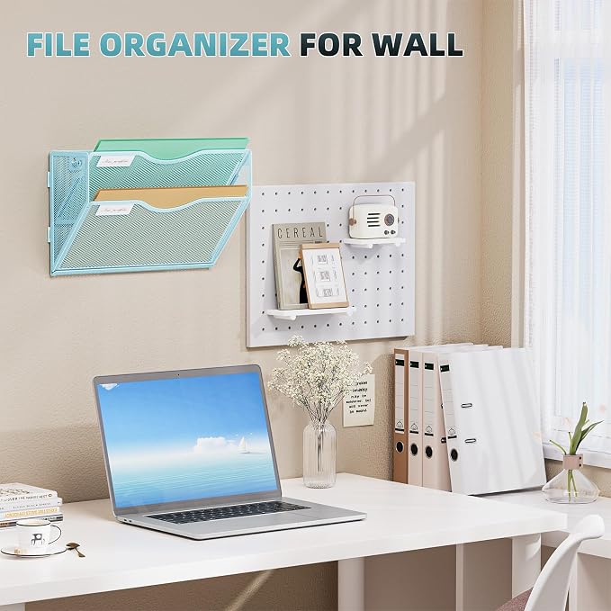 Marbrasse Wall File Holder 2-Tier Hanging Wall File Organizer, Mesh Mail Holder for Papers, Wall Mount File Clipboard & Magazine Organizer Great for Office Home - 2P(Blue)