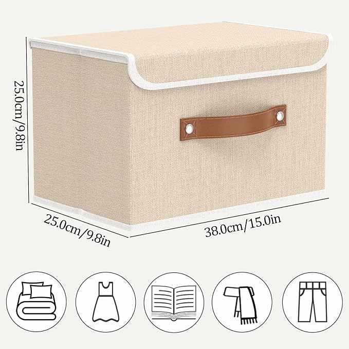 OUTBROS Fabric Storage Bins with Lids, 15 x 9.8 x 9.8 inch, Beige, 3-Pack | Collapsible Wardrobe Baskets, Storage Cubes For Towels, Clothes