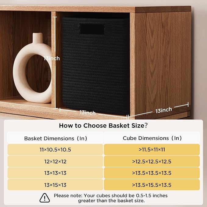 UBBCARE Set of 4 Storage Basket-13 X 13 X 13 in, Cotton Rope Basket for Shelves, Toys, Book, Cube Storage Bins with Handles, Woven Storage Basket for Organizing, Black