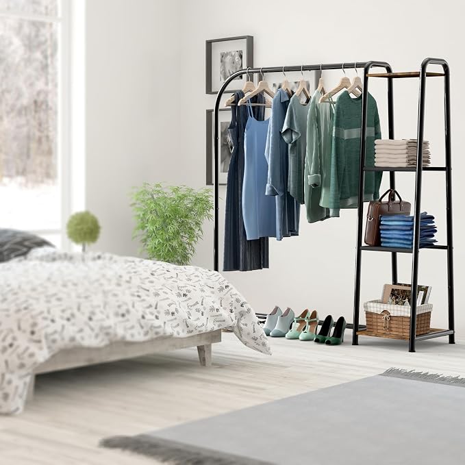 Simple Houseware Heavy Duty Clothing Garment Rack with 4 Shelves, Black | Portable Closet Organizer for Hanging Clothes