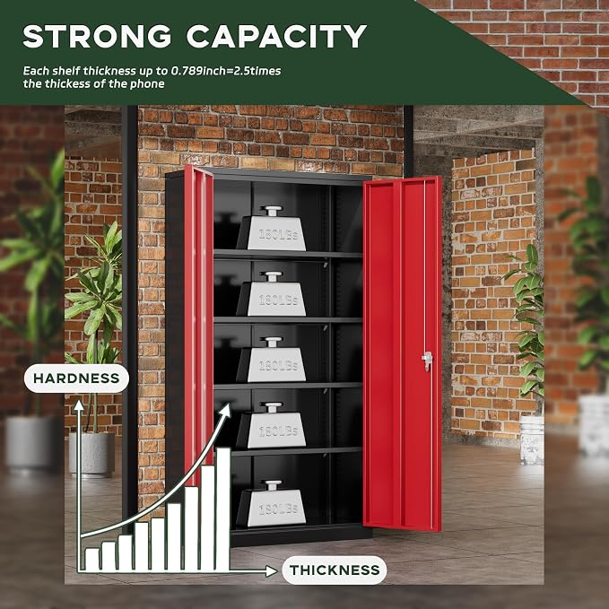 Greenvelly Metal Garage Storage Cabinet, 72" Black Red Tool Steel Locking Cabinet with Doors and 4 Shelves, Tall Cabinets for Garage Storage Systems Lockable File Cabinet for Home Office,Garage