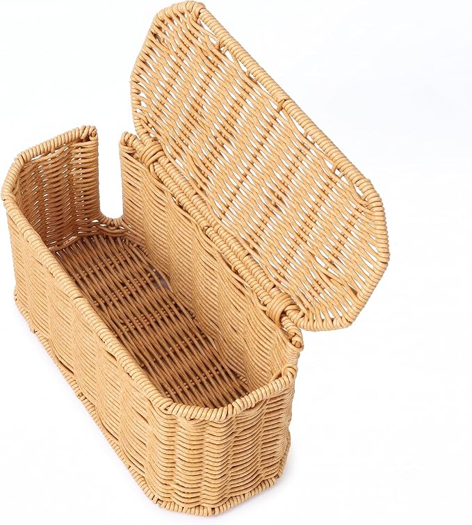 Small Cable Management Box, Mini Wicker Basket for Hiding Cords & Power Strips