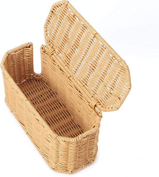 Small Cable Management Box, Mini Wicker Basket for Hiding Cords & Power Strips