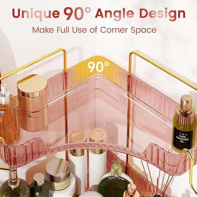 Corner Bathroom Counter Organizer 3-Tier Bathroom Organizer | Storage Countertop with Hooks Perfume Organizers Storage Shelf for Makeup & Skincare Dresser-Pink