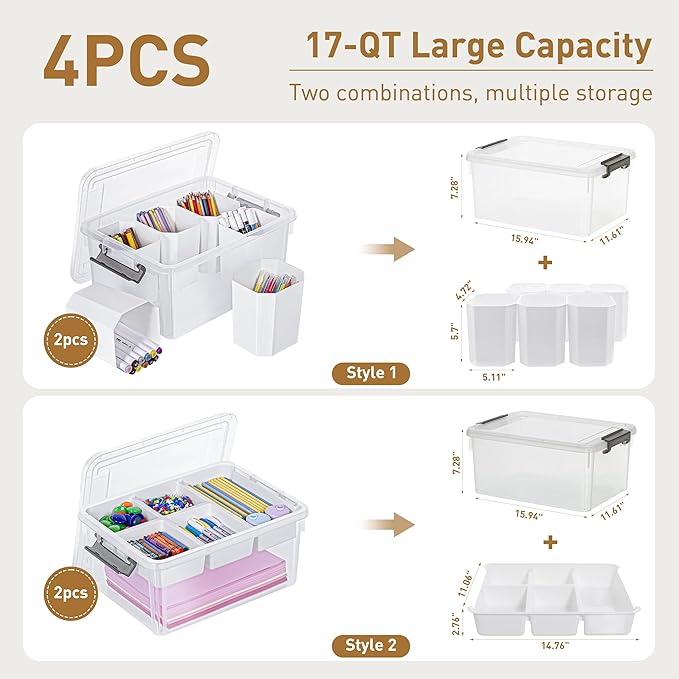 Citylife 17QT 4Packs Clear Craft Organizers and Storage Bins with Lids | Stackable Art Supply Organizer with Tray and 6 Inserts for Markers, Crayons, Pencils, Tools, Playdoh, Coloring Books