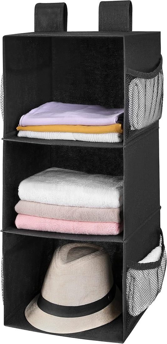 MAX Houser 3-Shelf Hanging Closet Organizer, Hanging Sweater Organizer, Foldable Hanging Shelves for Closet with 2 Velcro, Black