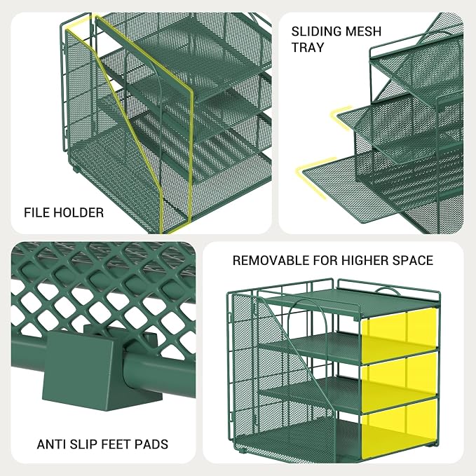 Desk File Organizer and Accessories, 4-Tier Paper Organizer with Vertical File Holder, Office Desk Accessories & Workspace Organizers and Storage for Office Supplies (Green)