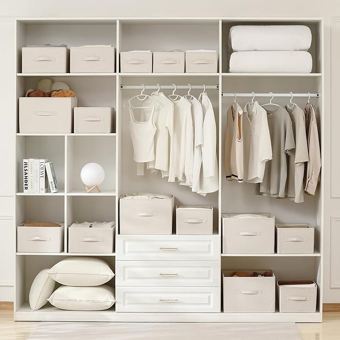 Linen Folding Storage Bins, 3 Pack Large Storage Baskets, Washable, Clothing Storage Bins with Handle, Closet Organizer for Storage Sweater,Sheets(Beige, 18½"x11 x8½)