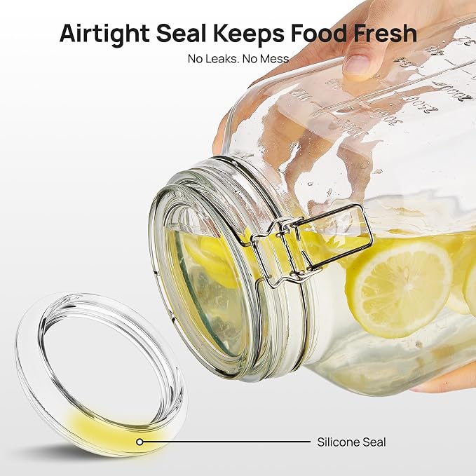 Vtopmart 1.1 Gallon Glass Storage Jars with Airtight Clamp Lids, 2 Pack | 140oz Square Canisters with Wide Mouth, Measurement Marks, Large Food Container for Flour, Sugar, Rice, Pickling, Fermenting