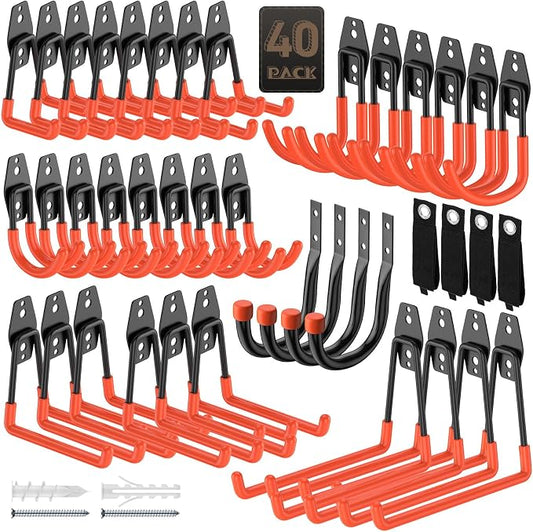 Heavy Duty Garage Hooks for Storage & Hanging Items, 40-Pack | for Hanging Bikes, Hoses, Ladders, Ropes, Garden Tools; for Garage, Warehouse, Yard, Shed